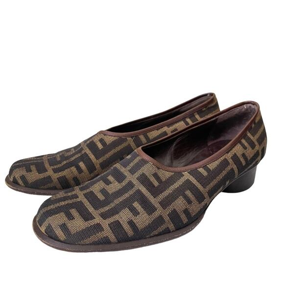 Fendi Brown FF Canvas Leather Slip On Block Heel Shoes Size 7.5 - Picture 4 of 6